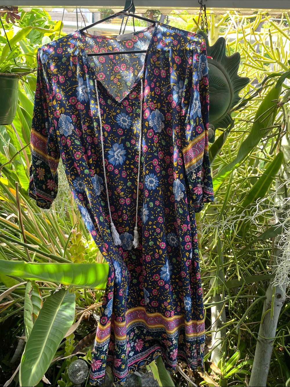 Bohemian Floral Navy Tunic Dress with Tassel Tie
